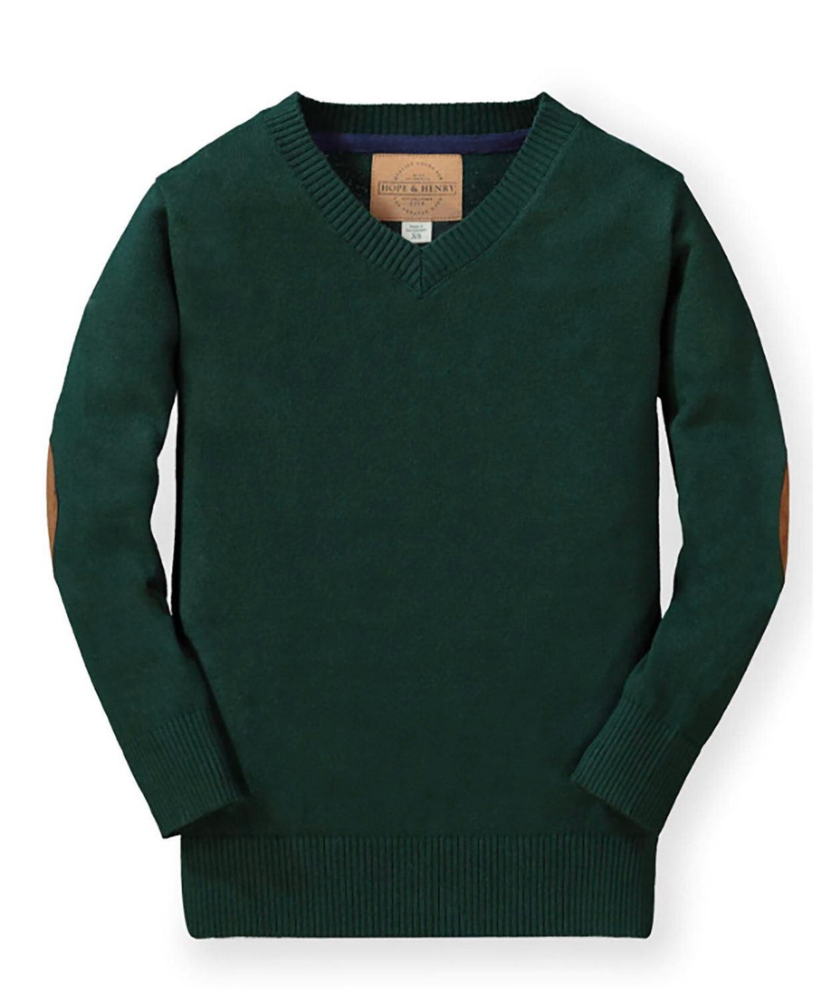 Hope & Henry Little and Big Boys' S- Xl Organic V-Neck Sweater with Elbow Patches - Deep green