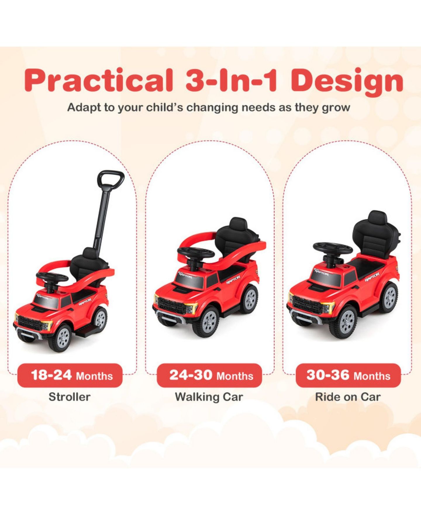 Детская игрушка HONGGE 3-In-1 Toddler Push Car with Detachable Handlebar, 55 lbs Capacity, Ages 18-36 Months, цвет: Красный — фото 8
