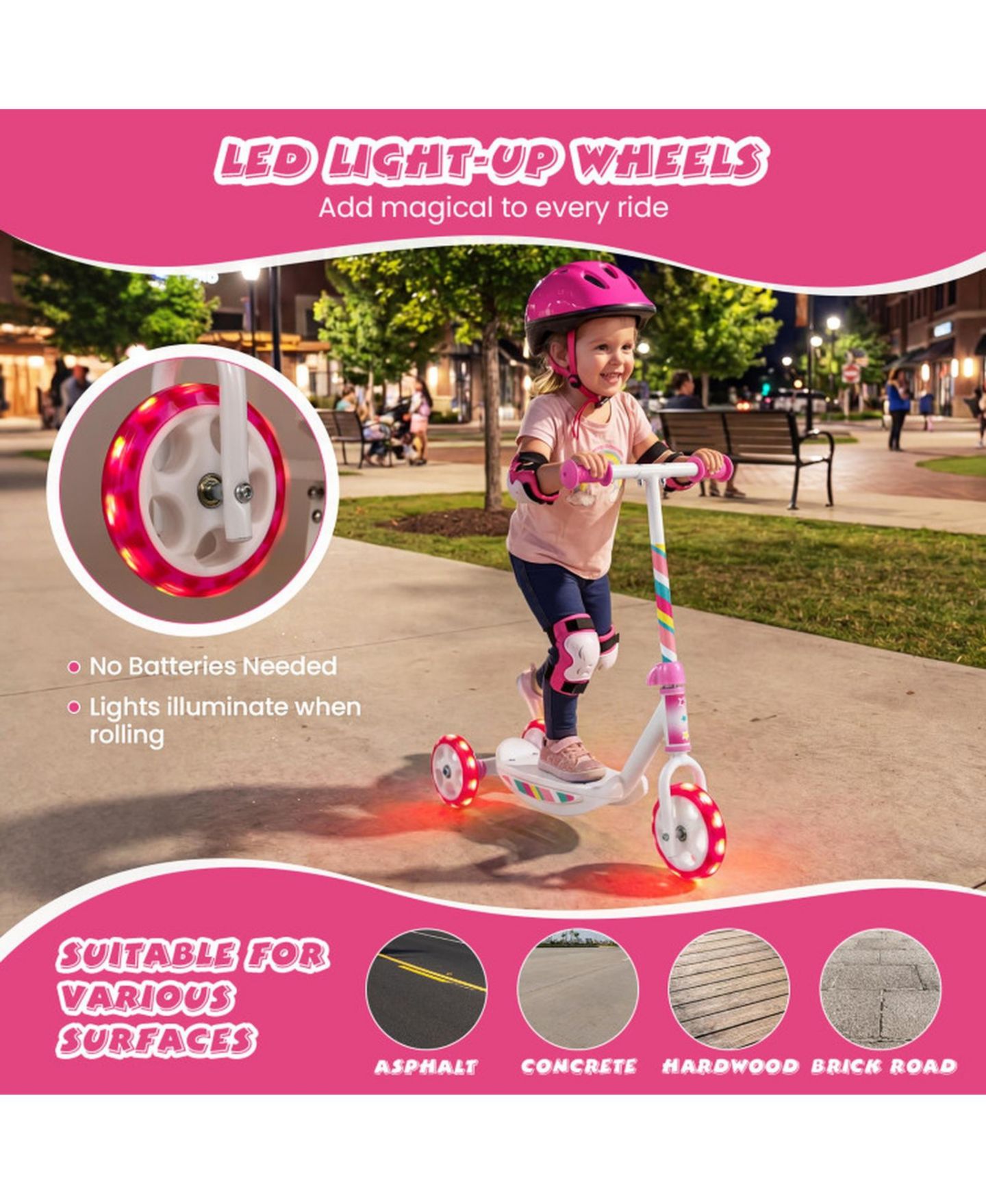 Детская игрушка HONGGE Toddler 3-Wheel Kick Scooter with LED Light-Up Wheels, 44 lbs Capacity, Ages 2+, цвет: Розовый / Белый — фото 7