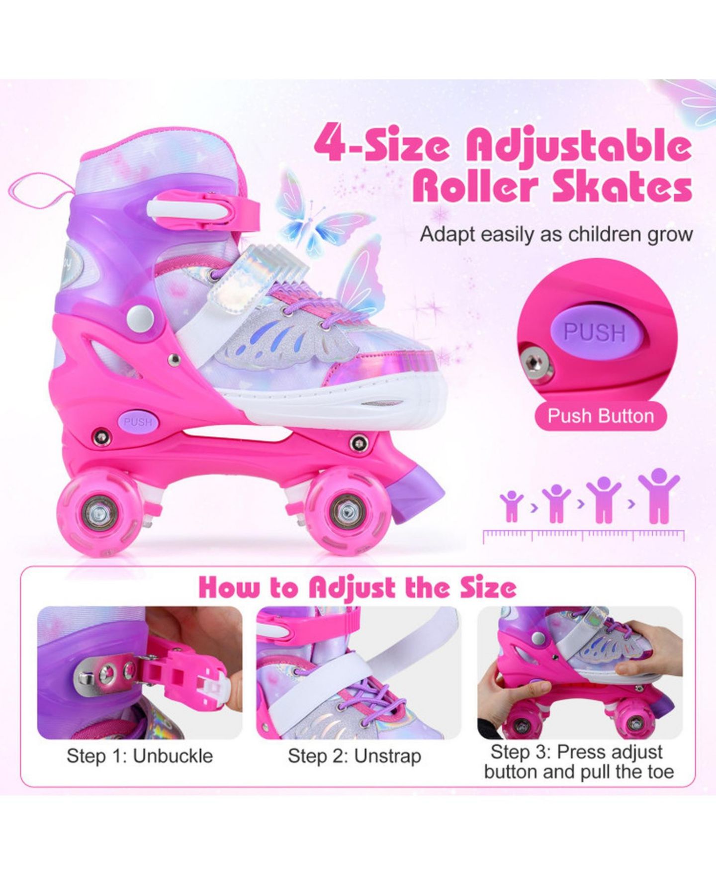 Детские игрушки HONGGE Light-Up Wheels Adjustable Reinforced Brake Roller Skates, Sizes 11C-1, Ages 5-7, цвет: Розовый — фото 6