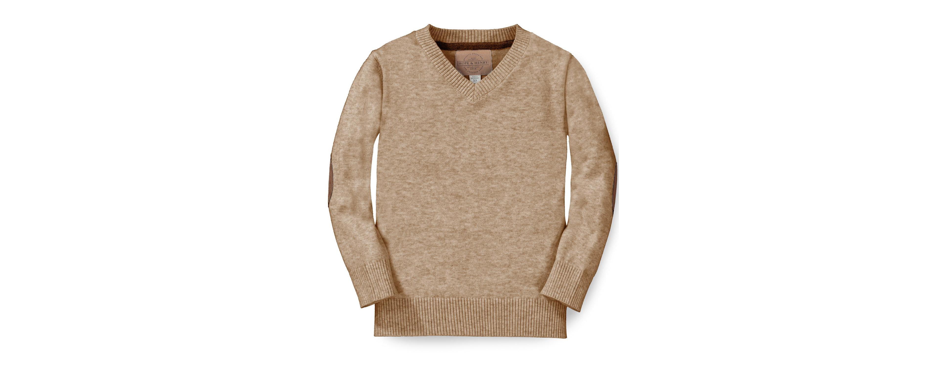 Hope & Henry Little and Big Boys' S- Xl Organic V-Neck Sweater with Elbow Patches