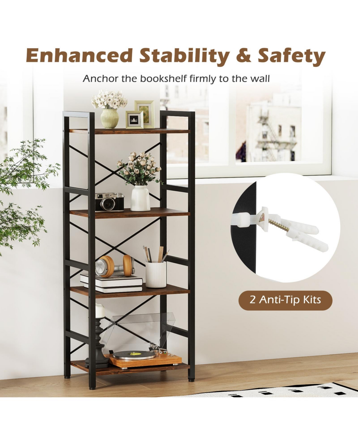 Costway 4-Tier Bookshelf with Metal Frame and Wooden Storage Racks for Living Room
