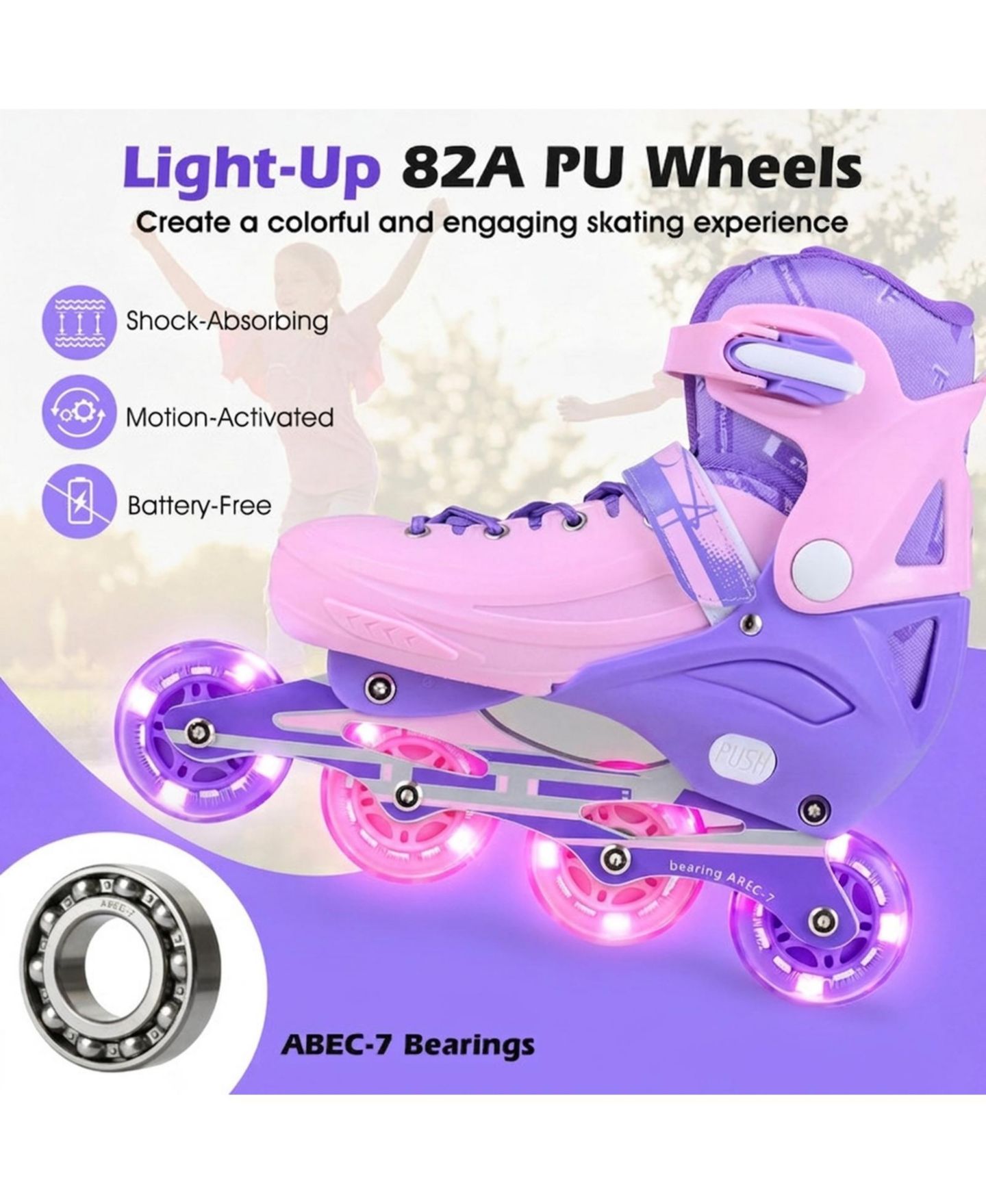Детские игрушки HONGGE Light-Up Aluminum Adjustable Inline Skates, Ages 9-14, цвет: Фиолетовый — фото 6