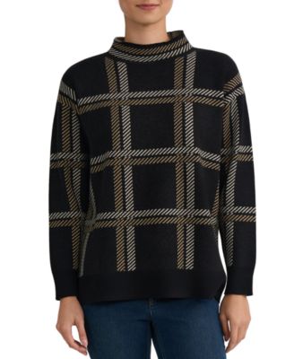 Petite Mock Neck Plaid Long-Sleeve Sweater