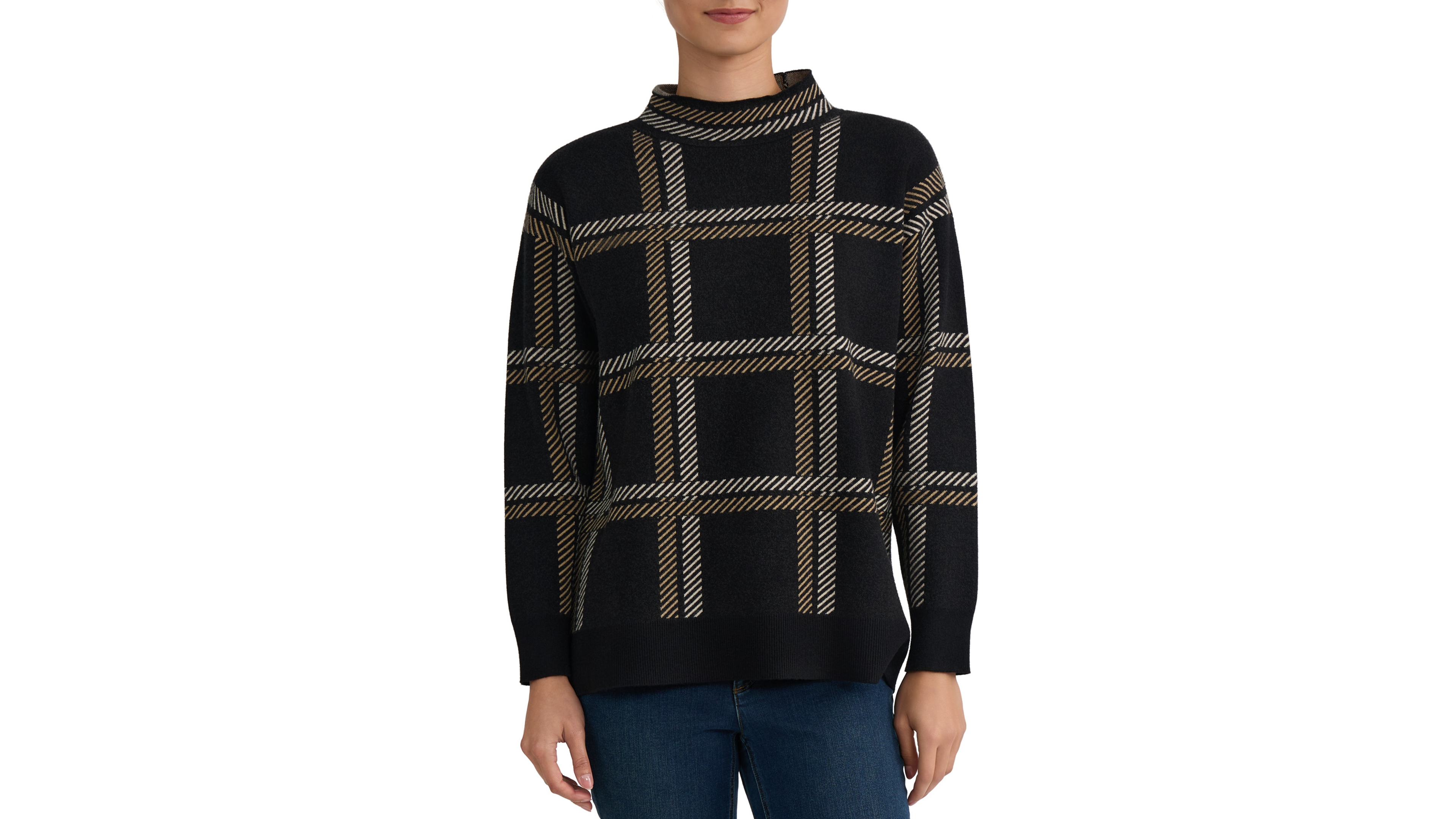 Jones New York Petite Mock Neck Plaid Long-Sleeve Sweater