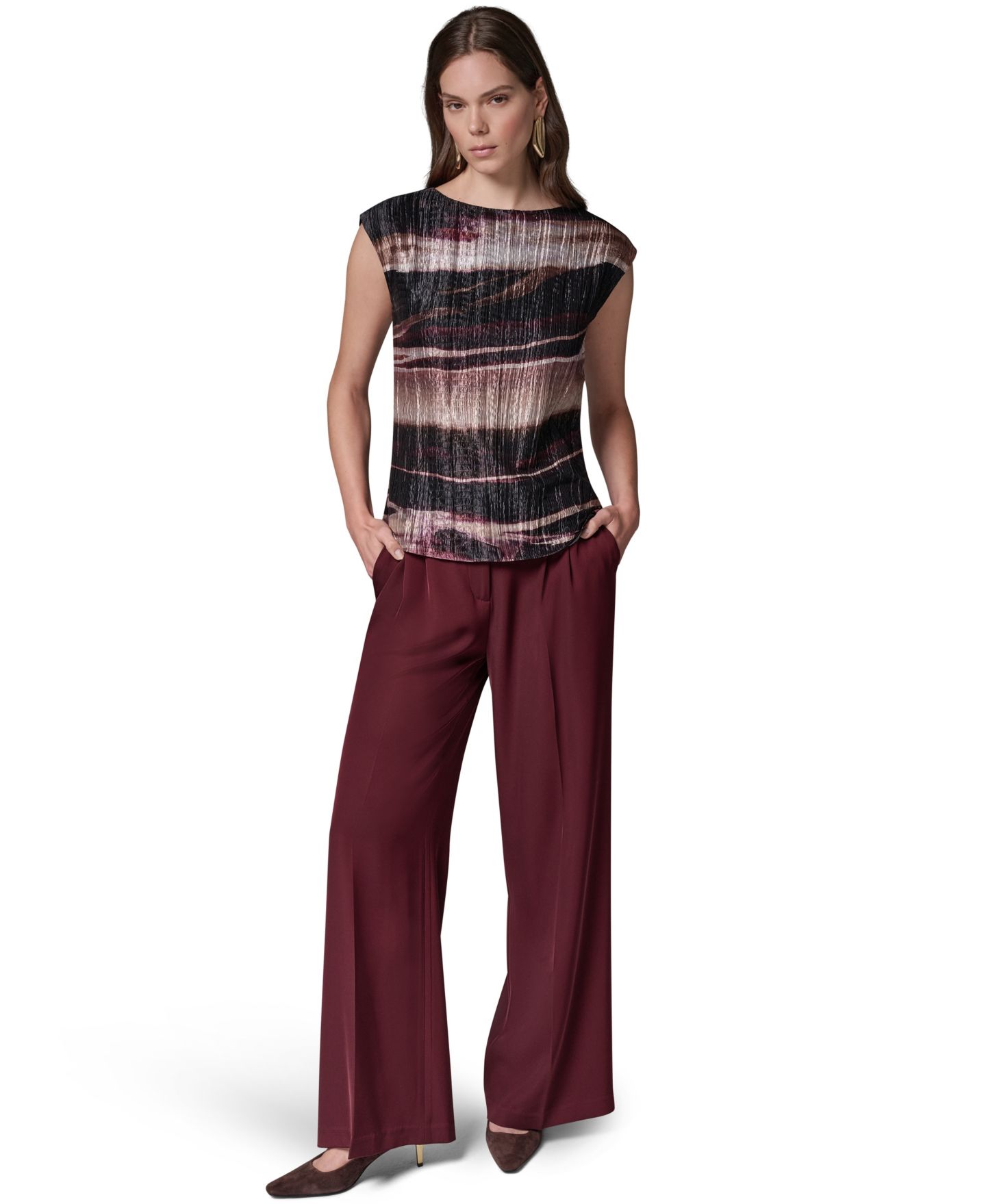 Женская блузка Donna Karan New York Petite Sleeveless Boat-Neck Striped Blouse, цвет: Чёрный вишнёвый / Верблюжий разноцветный — фото 2