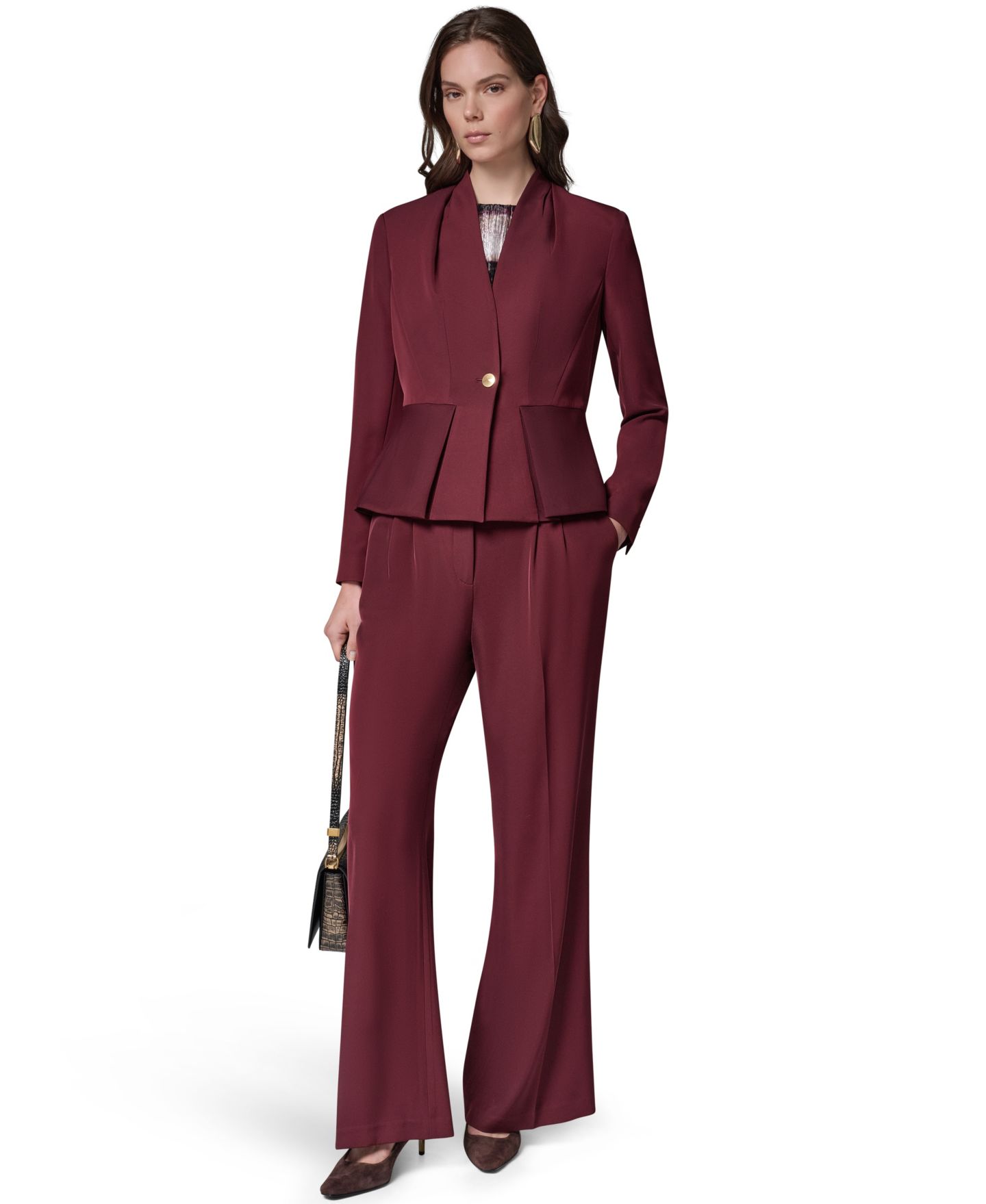 Женские брюки Donna Karan New York Petite High-Waisted Wide-Leg, цвет: Чёрный вишнёвый — фото 2