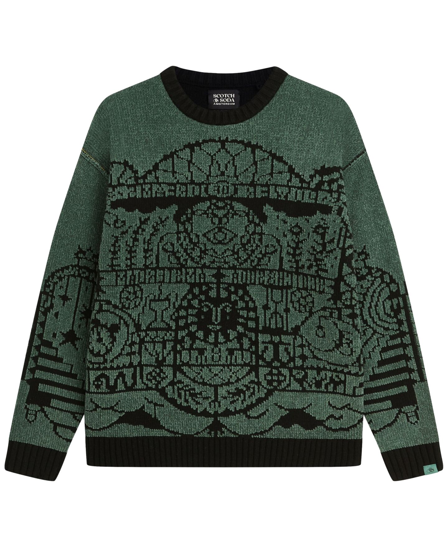 Мужской свитер SCOTCH & SODA Chenille Jacquard Wool-Blend Dropped Shoulder Crewneck, цвет: Тёмный тёмно-зелёный — фото 4