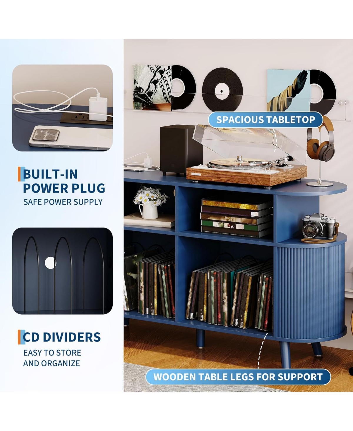 homfan 55" Round Mid-Century Tv Stand and Media Console with Vinyl Storage and Charging Station, Open Shelves
