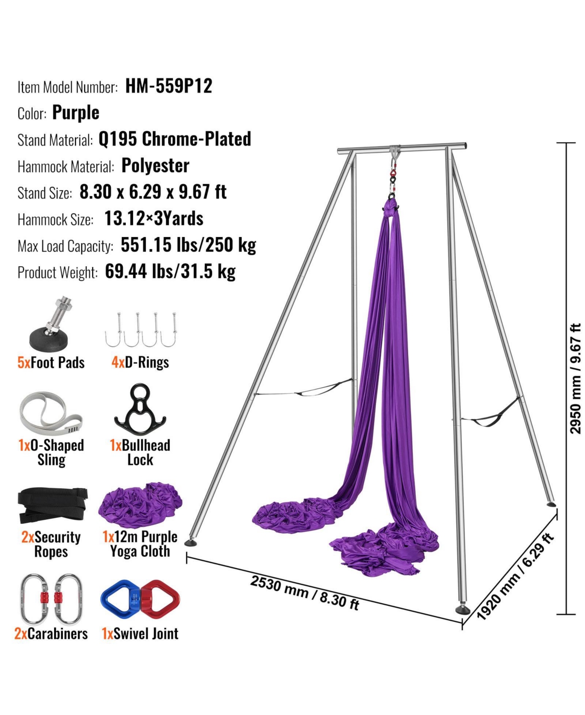 Sugift 9.67 ft Aerial Yoga Frame and Hammock with 13.1 Yards Hammock 551.15 lbs Load Capacity