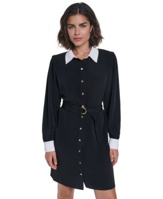 Women's Belted Contrast-Collar Shirtdress