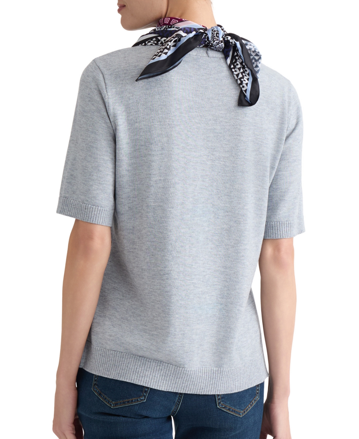 Jones New York Plus Crewneck Top with Woven Scarf and Ribbed Trim