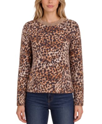 Petite Leopard-Print Long-Sleeve Crewneck Sweater