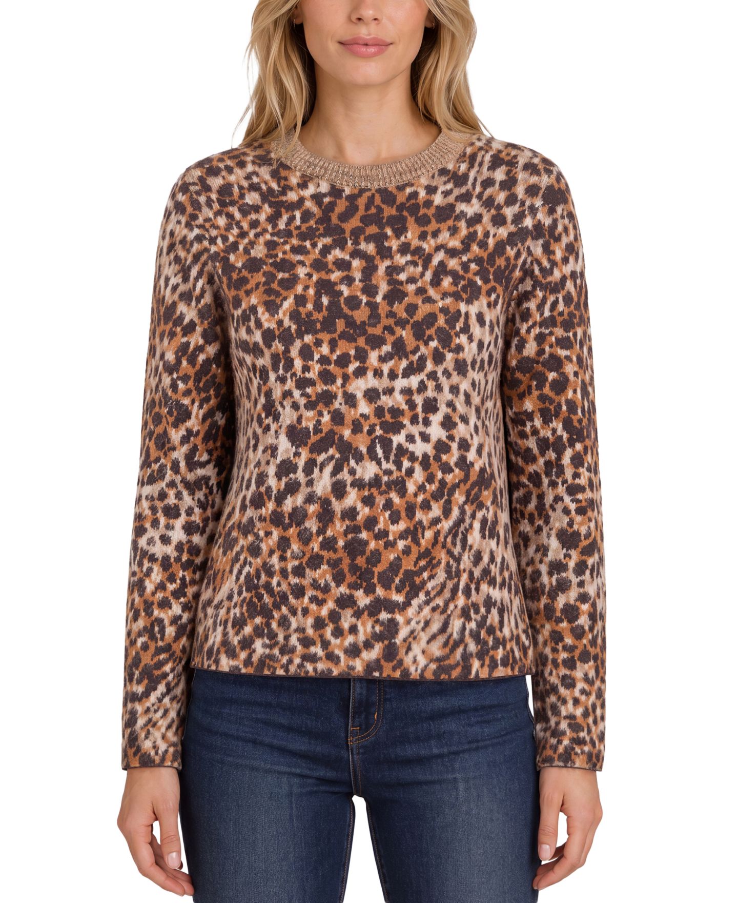 Женский свитер Liverpool Los Angeles Petite Leopard-Print Long-Sleeve Crewneck, цвет: Разноцветный — фото 1
