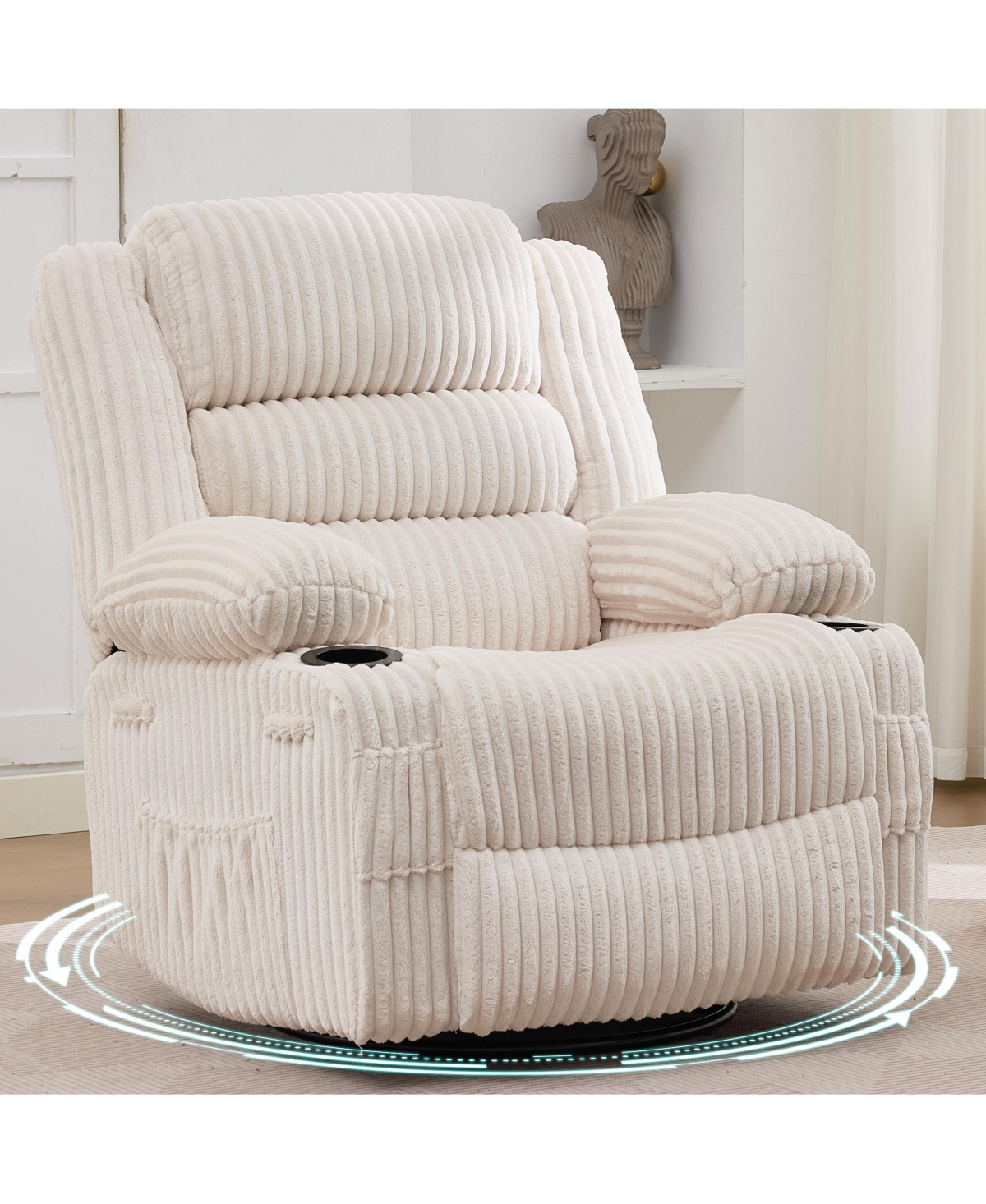homfan Swivel Rocker Recliner Chair Manual Recliner for Adults Soft Corduroy Extra Wide Seat 350 Lb Capacity Cup Holder And Pockets for Nursery - Beig