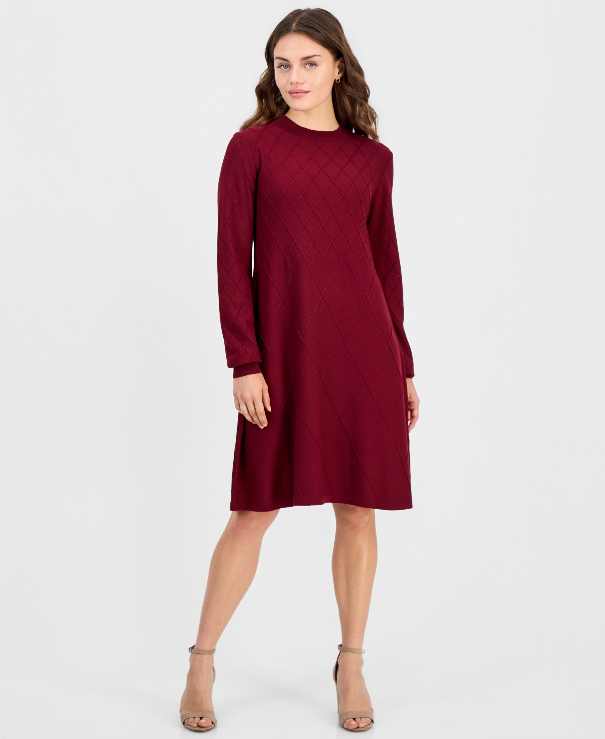 Robbie Bee Petite Long-sleeve A-line Mock Neck Sweater Dress In Wine