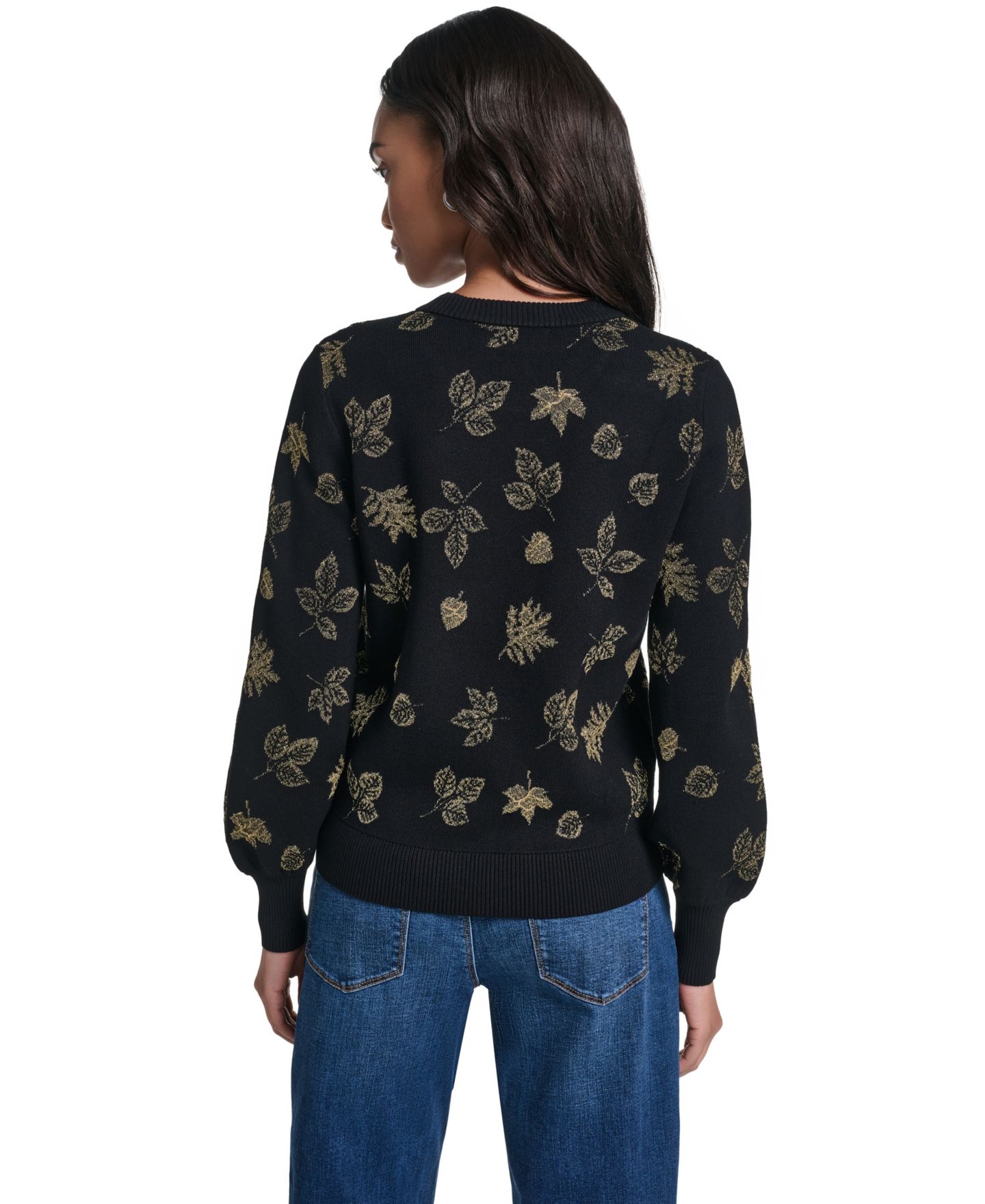 Женский свитер KARL LAGERFELD PARIS Petite Metallic-Leaf Print Crewneck, цвет: Чёрный / Золотой — фото 4