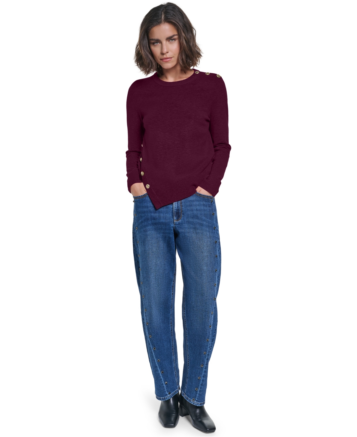 Karl Lagerfeld Paris Petite Crewneck Long-Sleeve Asymmetrical-Hem Sweater
