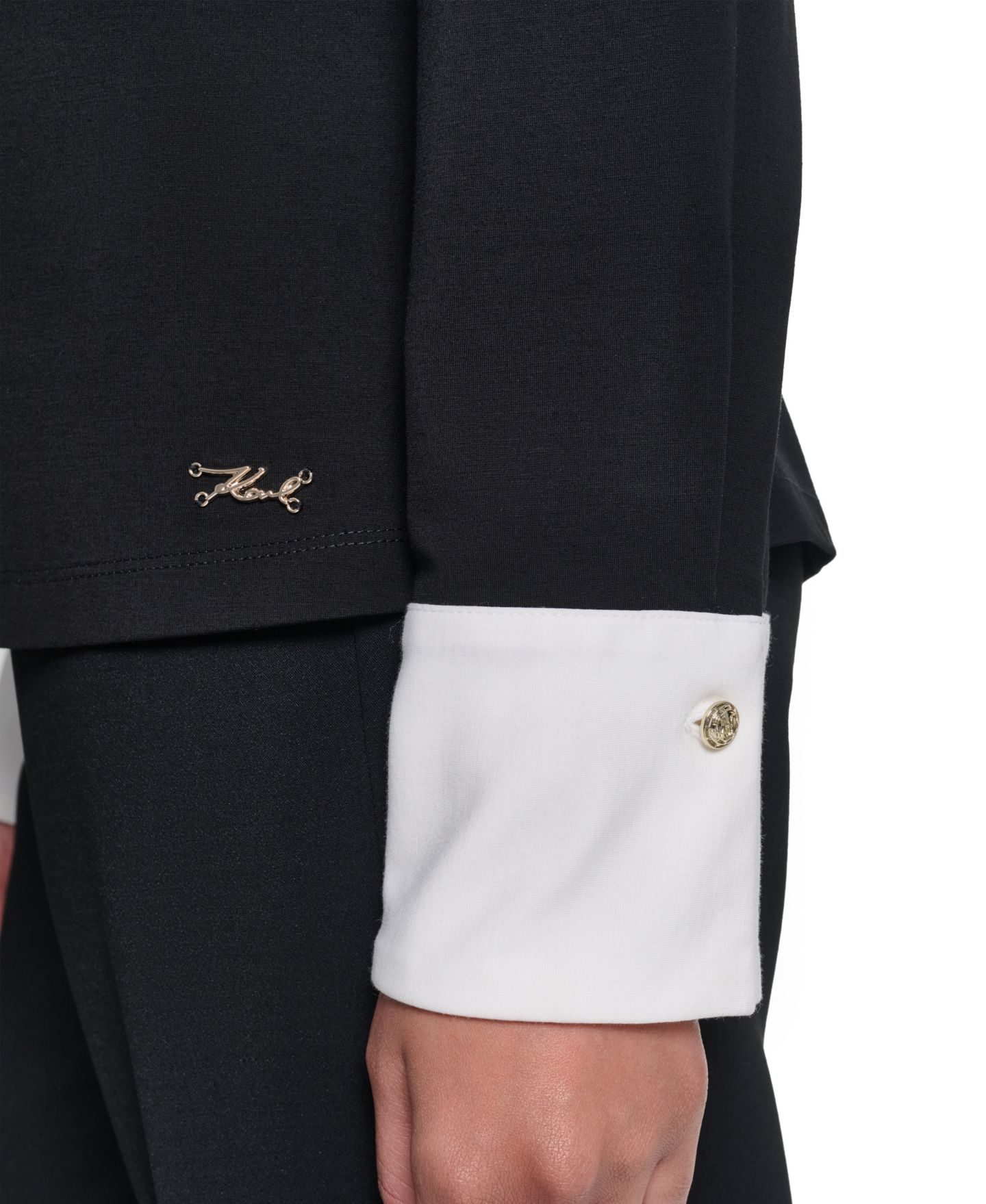 Женская блузка KARL LAGERFELD PARIS Petite Long-Sleeve Colorblock-Knit Blouse, цвет: Чёрный — фото 7