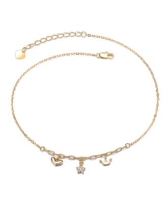 Plated with Clear Cubic Zirconia Heart, Star, & Crown Charm Anklet