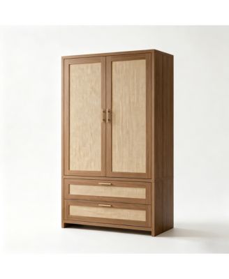 Boho Rattan Wardrobe with Hanging Rod and Drawers