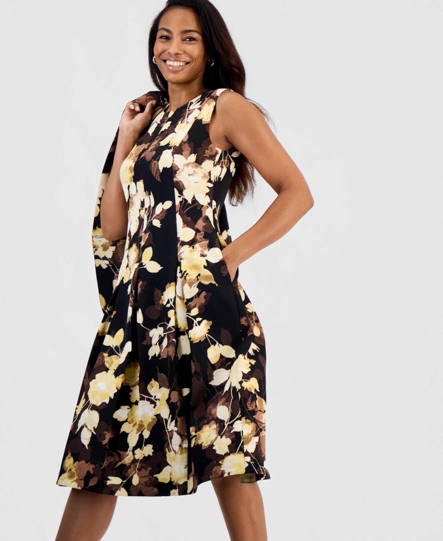Женский пиджак Kasper Box-Pleat Sleeveless Dress & Long-Sleeve Printed Scuba Blazer, цвет: Чёрный разноцветный — фото 2