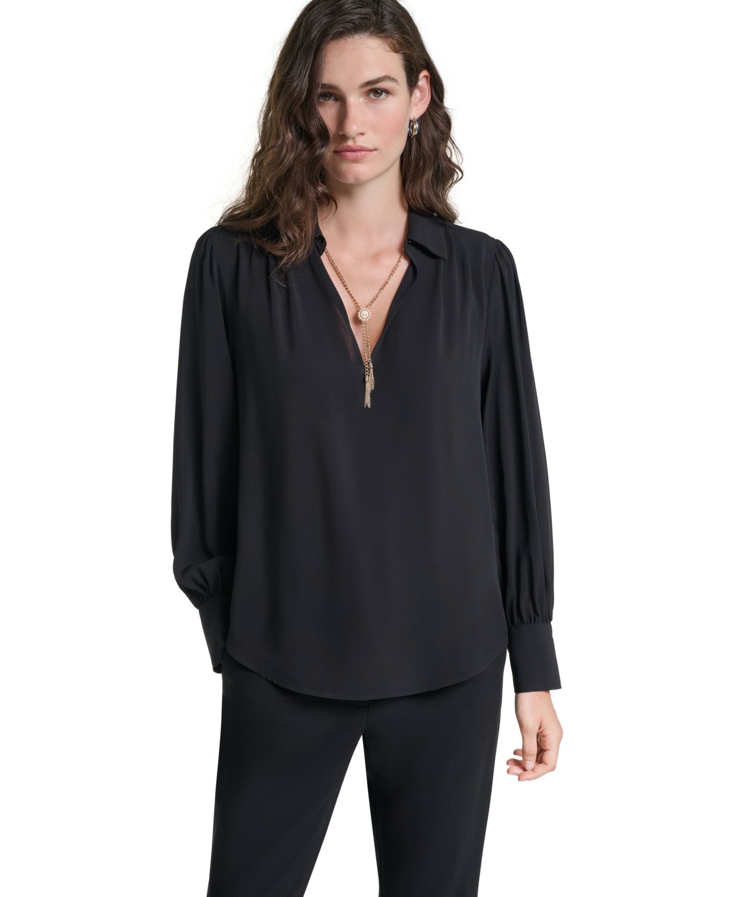 Женская блузка KARL LAGERFELD PARIS Petite Long-Sleeve Collared Blouse, цвет: Чёрный — фото 10