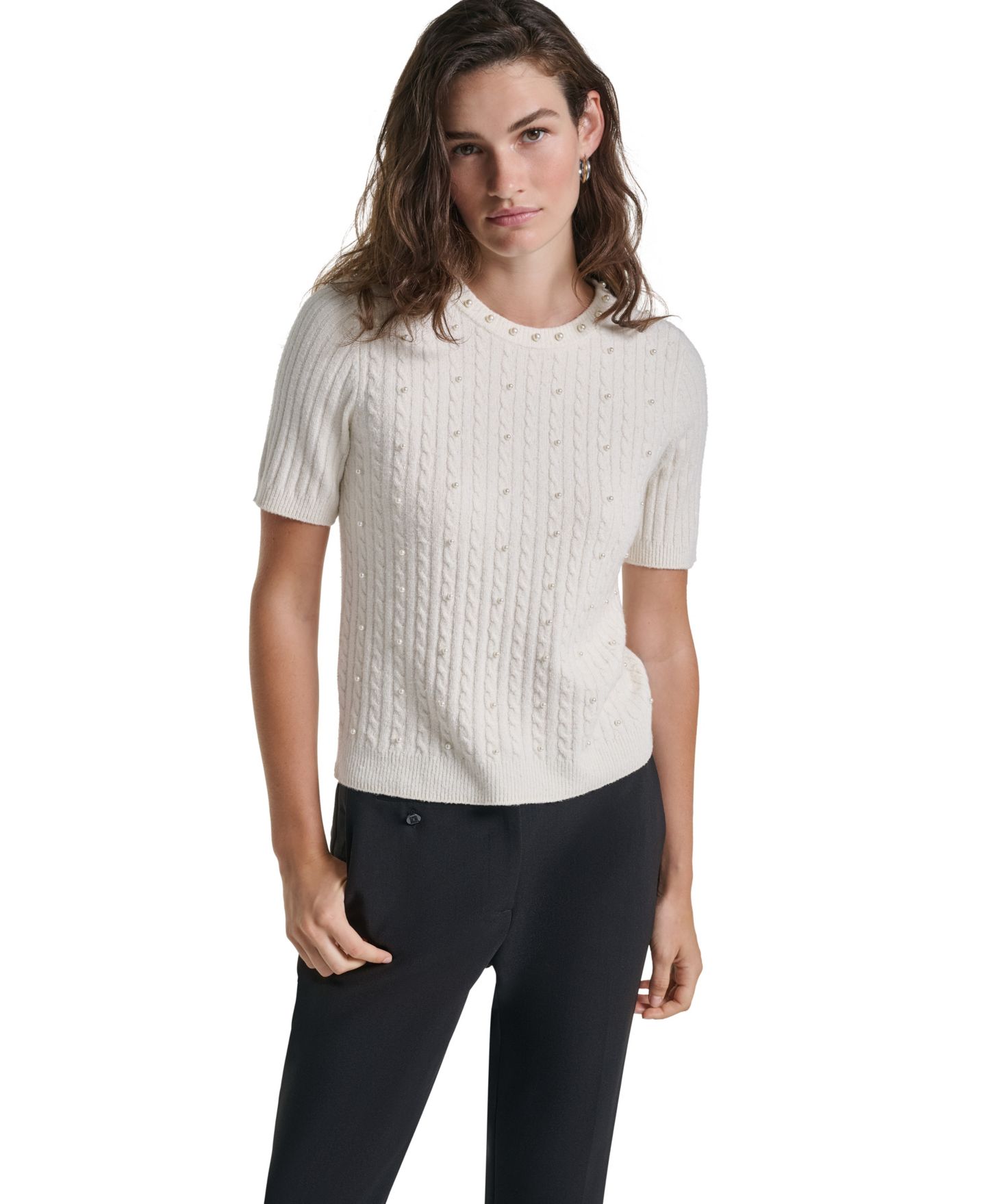 Женский свитер KARL LAGERFELD PARIS PetiteCable-Knit Crewneck Short-Sleeve Sweater, цвет: Берёзовый — фото 10