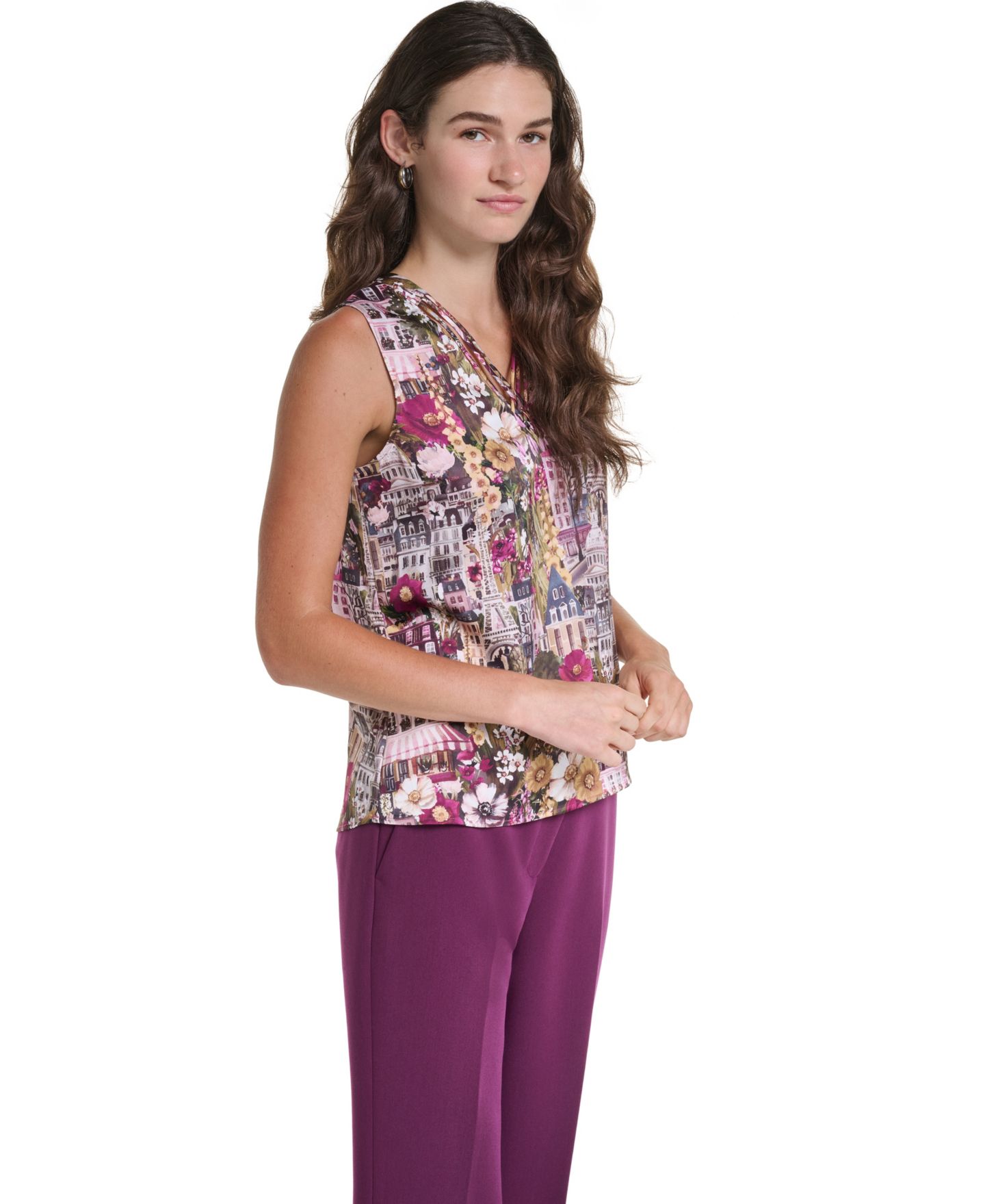 Женская блузка KARL LAGERFELD PARIS Petite Floral V-Neck Woven Blouse, цвет: Розовато-лиловый — фото 3