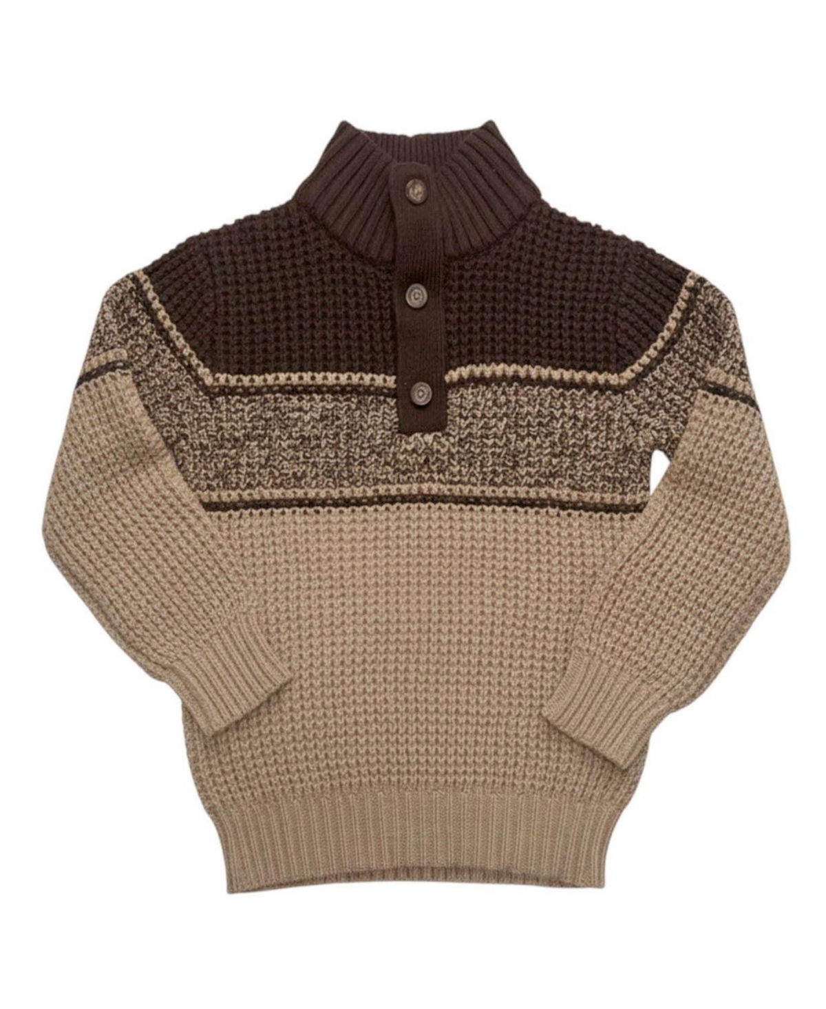 Hope & Henry Toddler Boys (2T - 4T) Organic Mock Neck Waffle Sweater - Camel and chocolate stripe