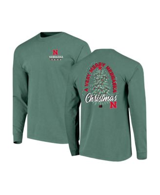 Men's Green Nebraska Huskers Comfort Colors Merry Christmas Tree Long Sleeve T-Shirt