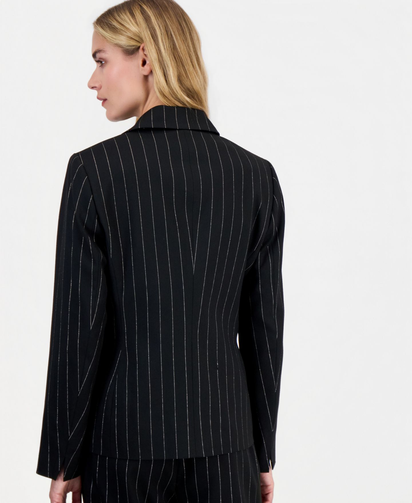 Женский пиджак Kasper Pinstripe One Button Slant Pocket Blazer, цвет: Чёрный / Серебряный — фото 4