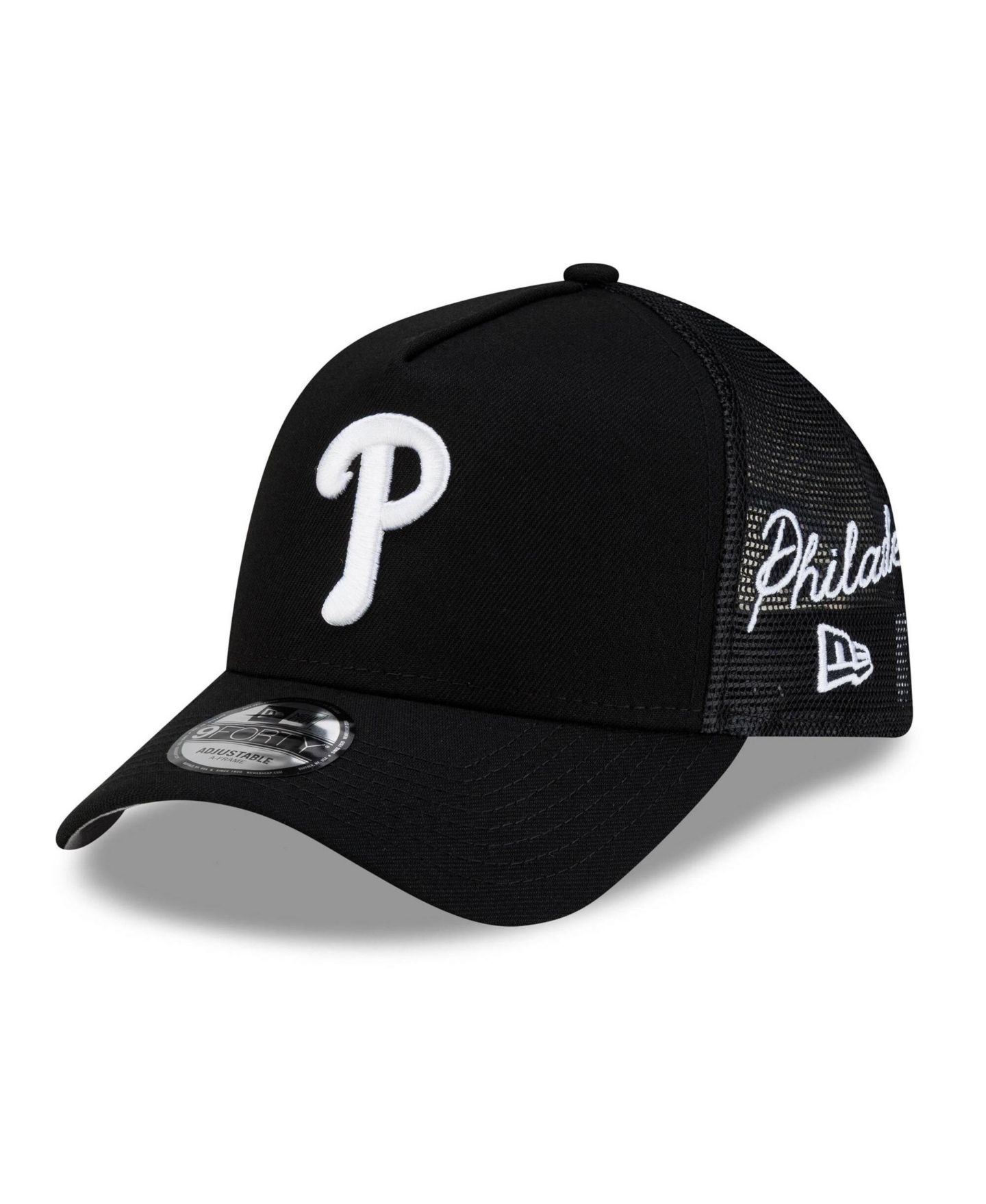 Мужская кепка New Era Black Philadelphia Phillies Side Script 9FORTY A-Frame Trucker Adjustable Hat — фото 1