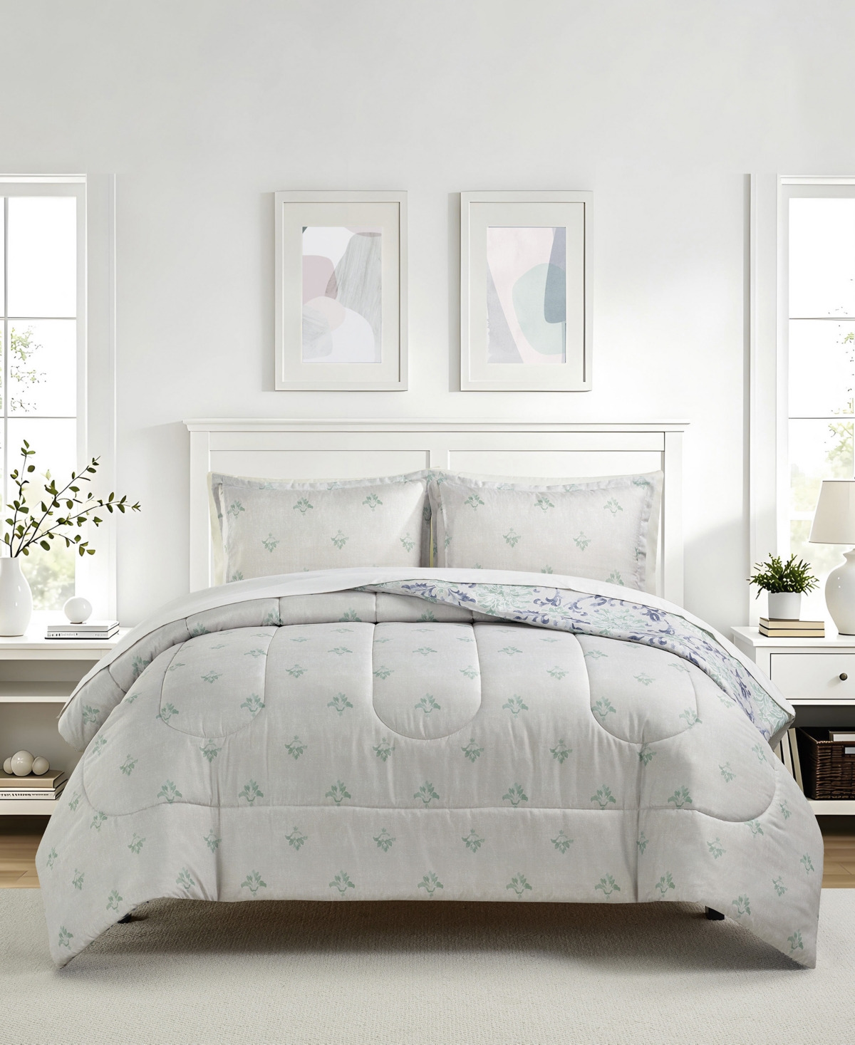 Macy's Painterly Damask Reversible Microfiber 3-piece Comforter Set In Blue,green