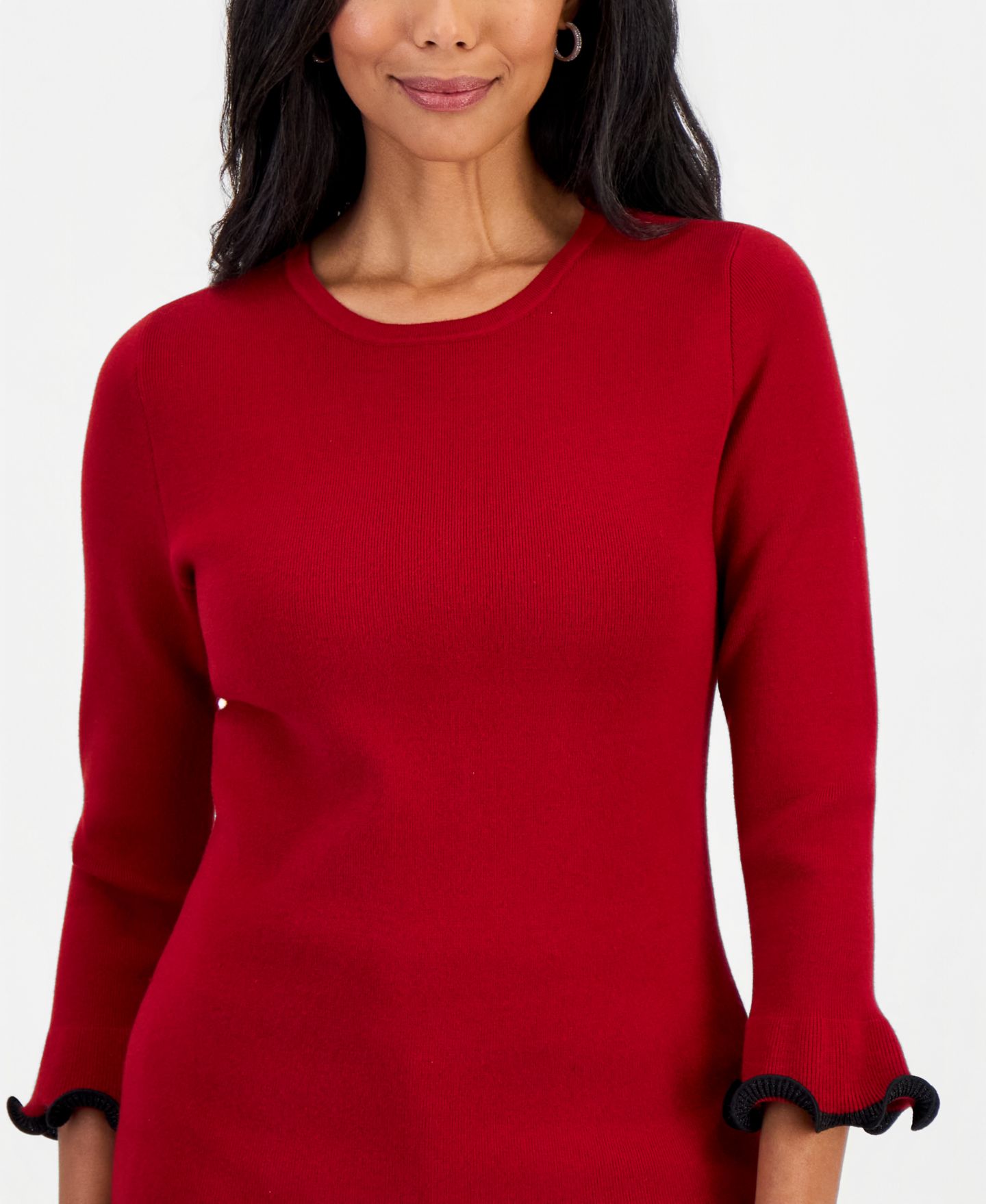 Женский свитер Kasper Petite Crew Neck Sculptural Cuff 3/4-Sleeve, цвет: Красный / Чёрный — фото 3