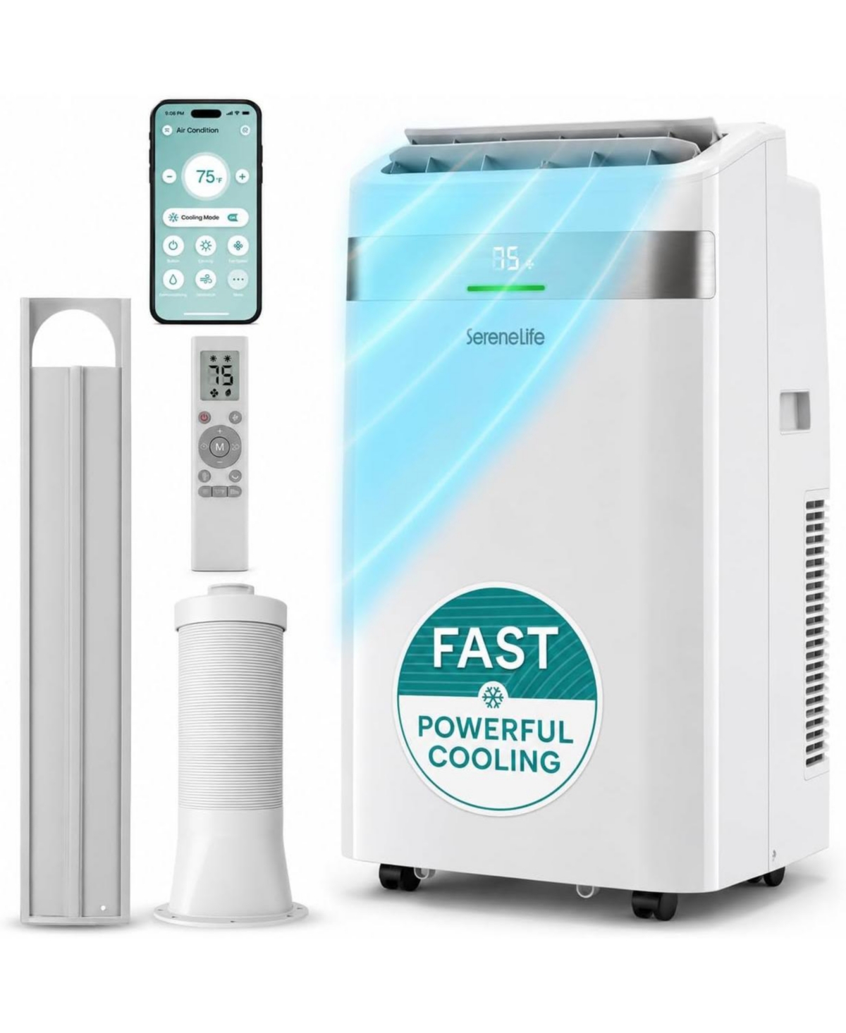 SereneLife 14,000 Btu Portable Air Conditioner with Wi-Fi, Dehumidifier and Fan, Window Exhaust Kit Included - White