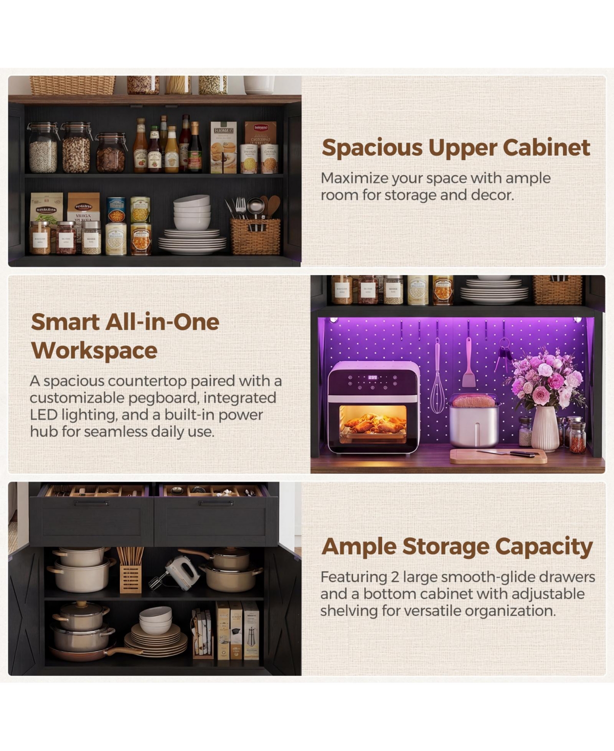Aheaplus 71" Tall Wood Kitchen Pantry Cabinet with Charging Station and Drawers