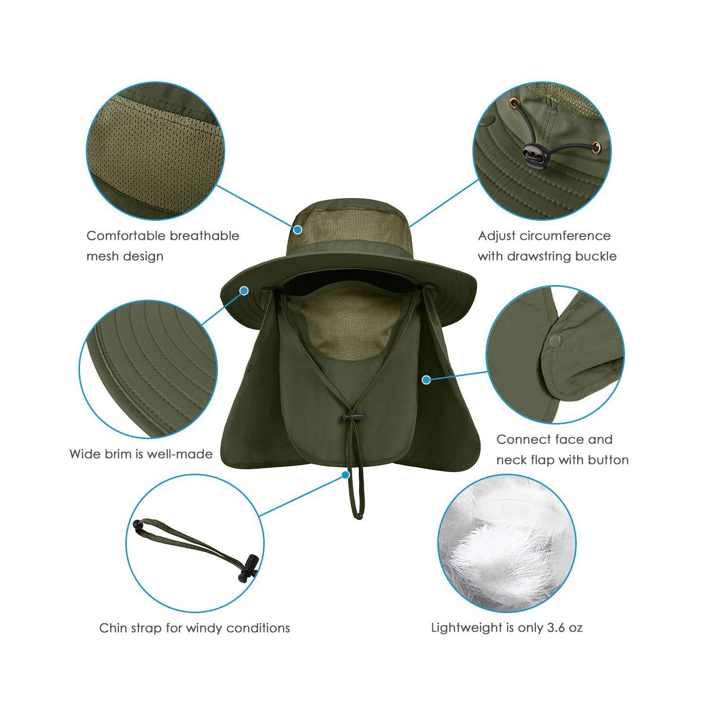 Мужской головной убор Piscifun Outdoor Sun Hat Wide Brim UPF 50+ Face Neck Flap Fishing Hiking Gardening, цвет: Армейский зелёный — фото 4
