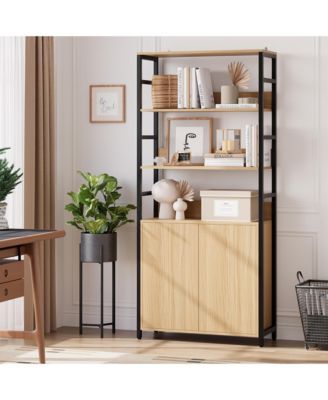 71" Tall Bookshelf with Doors, Industrial Standing Shelf with 3-Tier and Metal Frame, Bookcase with Adjustable Shelf and Rails for Living Room