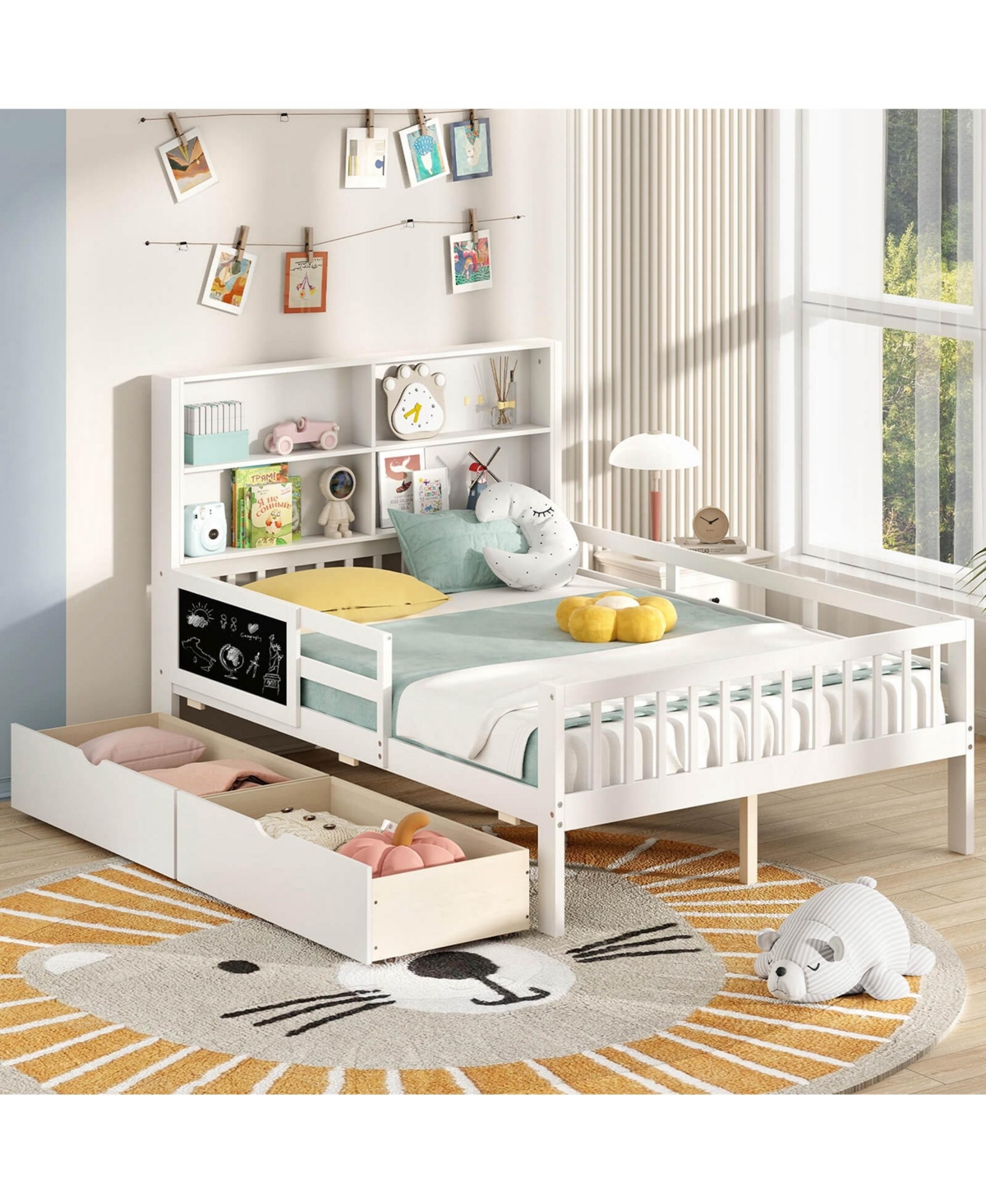 Costway Bed Frame with 2 Drawers Bookcase board Full-length