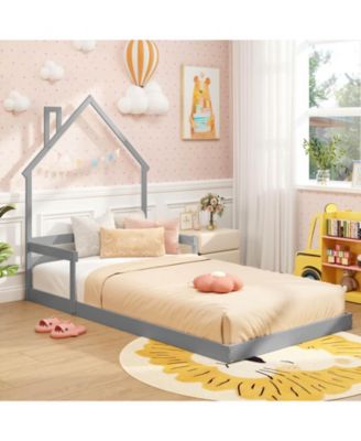 Twin Size Floor Bed for Kids with Chimney Headboard and Handrail