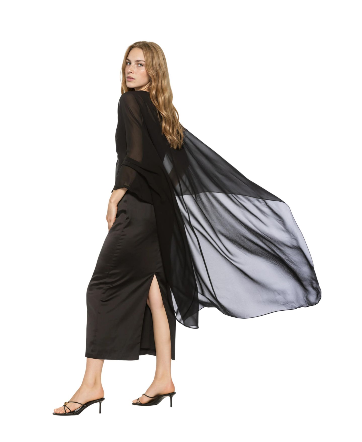Женское платье Alexia Admor Cape-Sleeve Chiffon Overlay Boat Neck Satin Gown, цвет: Чёрный — фото 3
