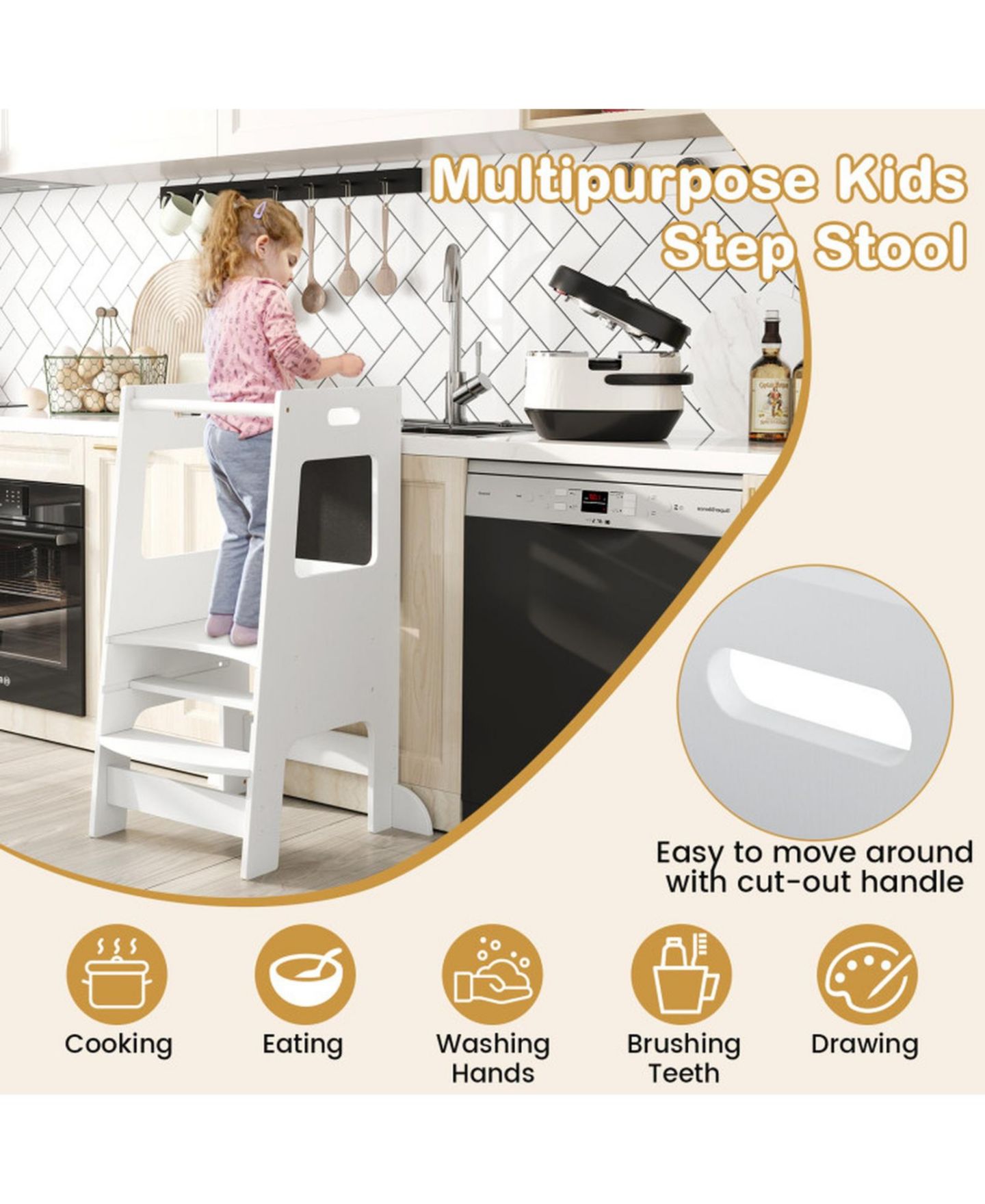 Детская игрушка HONGGE Adjustable Birch Wood Toddler Kitchen Tower with Chalkboards, Ages 3+, цвет: Белый — фото 7