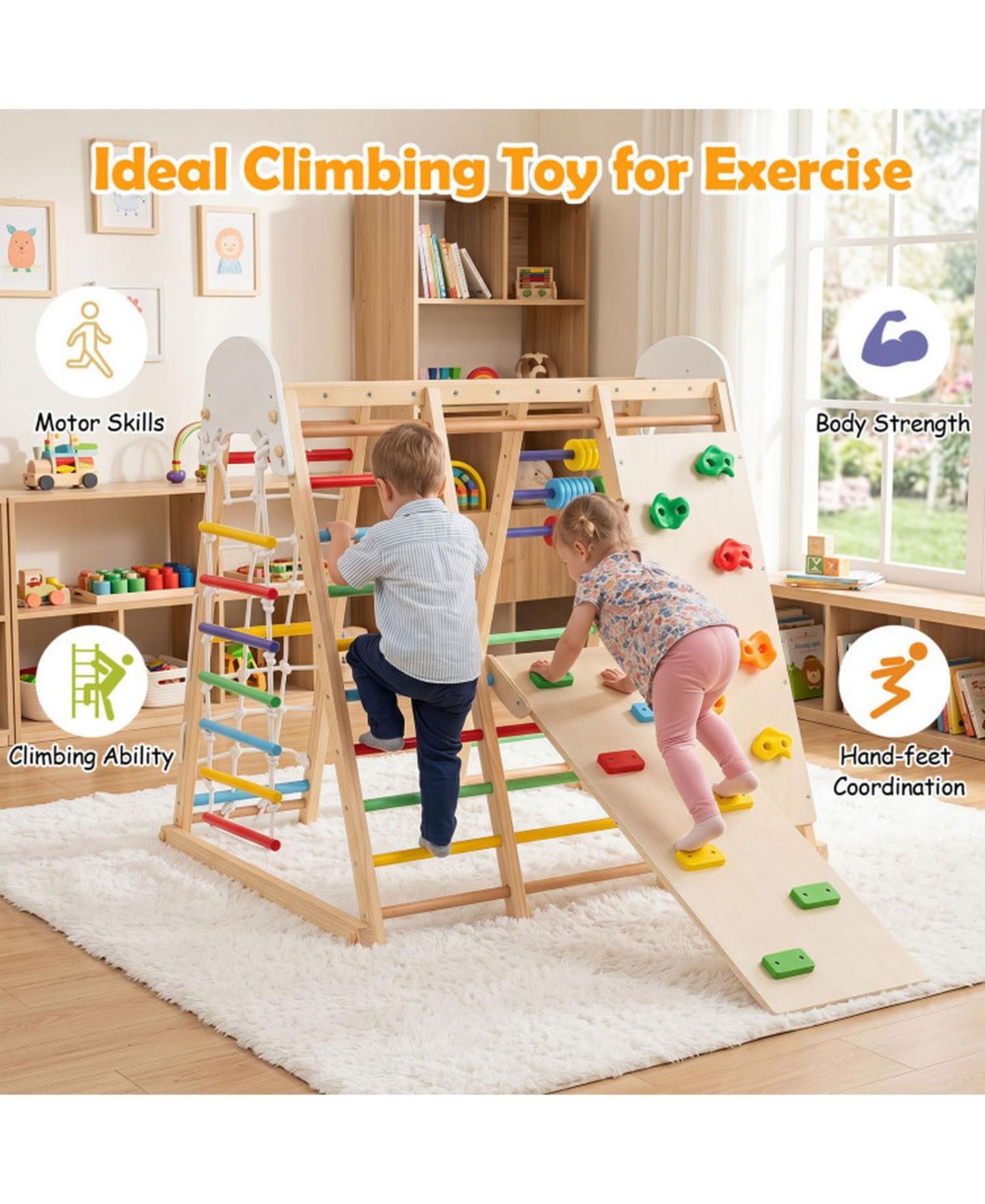 Детская игрушка HONGGE Foldable Wooden Jungle Gym with Swing and Monkey Bars, от 3 лет, цвет: Коричневый — фото 7