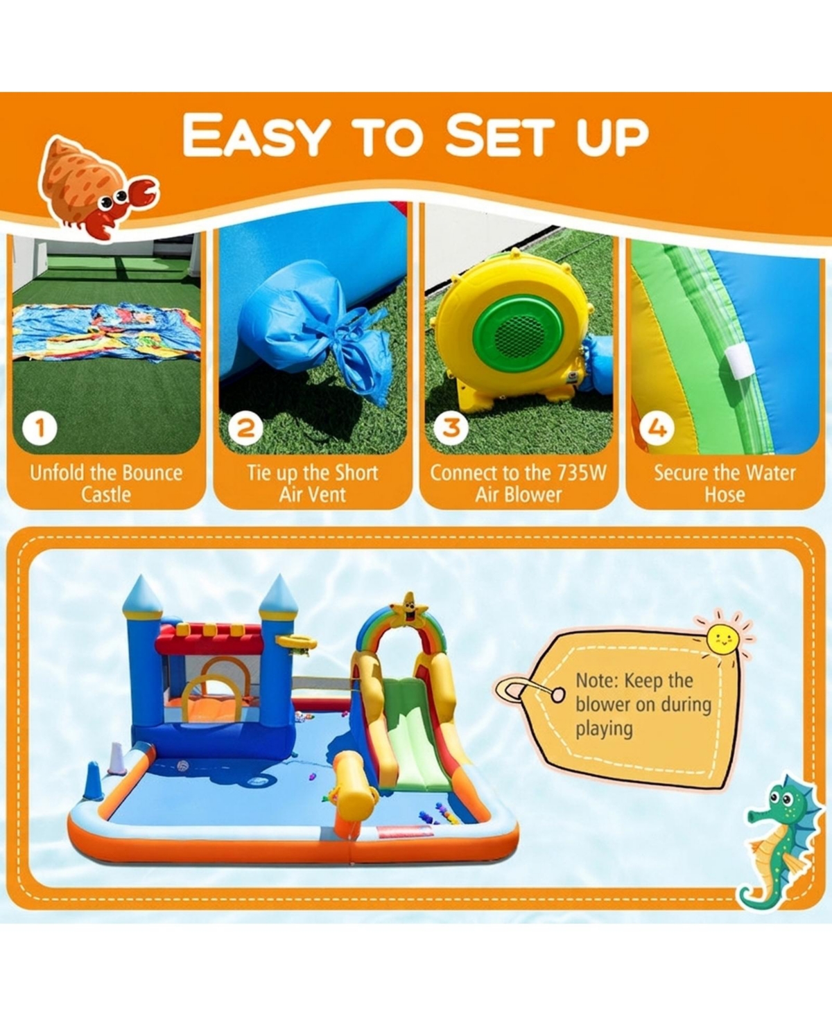 Hongge 193" x 142" x 83" Water Slide Bounce House with Climbing Wall, Supports 4 Children, Ages 3-12
