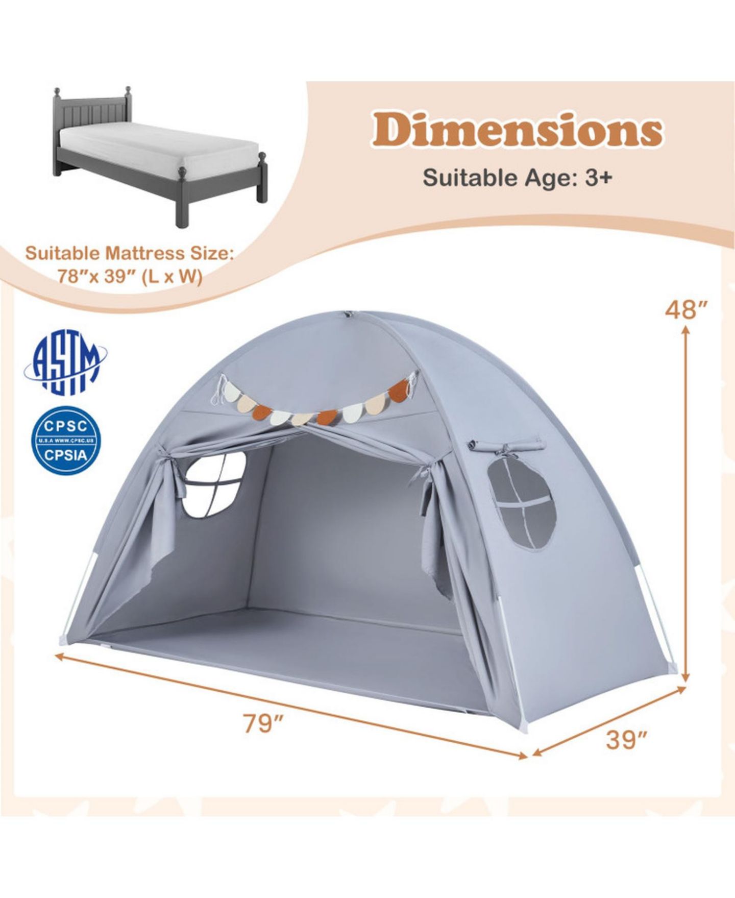 Детская игрушка HONGGE Machine-Washable Indoor Twin-Size Canopy Tent, Ages 3+, цвет: Меланжевый серый — фото 3