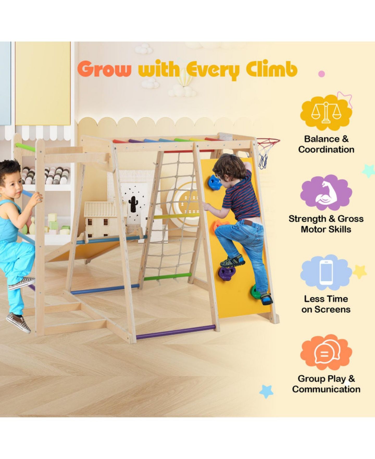 Детская игрушка HONGGE 6-in-1 Kids Indoor Jungle Gym with Slide and Climbing Wall Ages 3-14, цвет: Жёлтый — фото 6