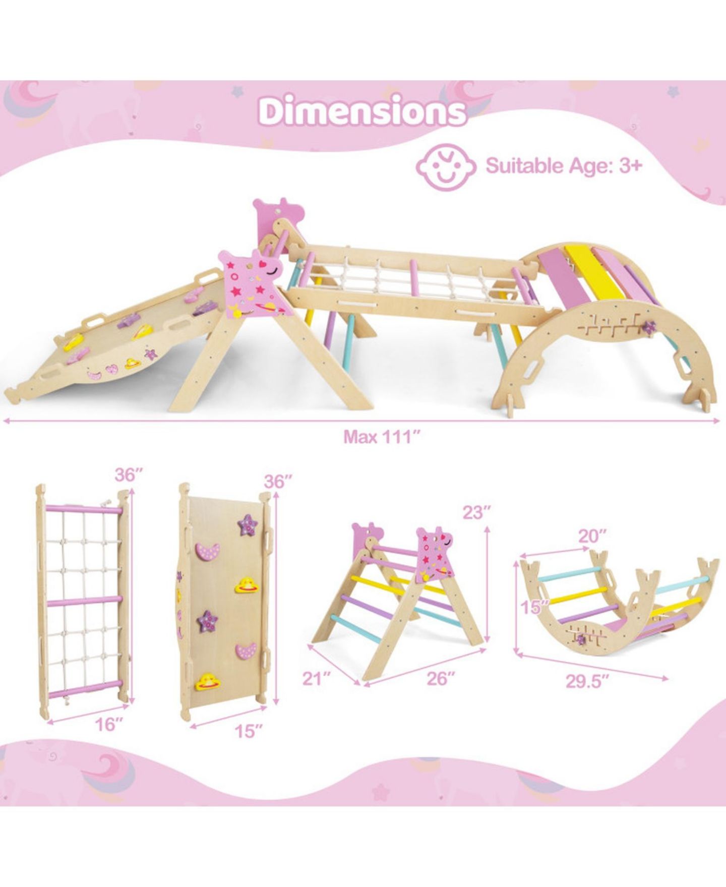 Детские игрушки HONGGE 8-in-1 Foldable Montessori Wooden Climbing Set, Ages 3+, цвет: Розовый — фото 4