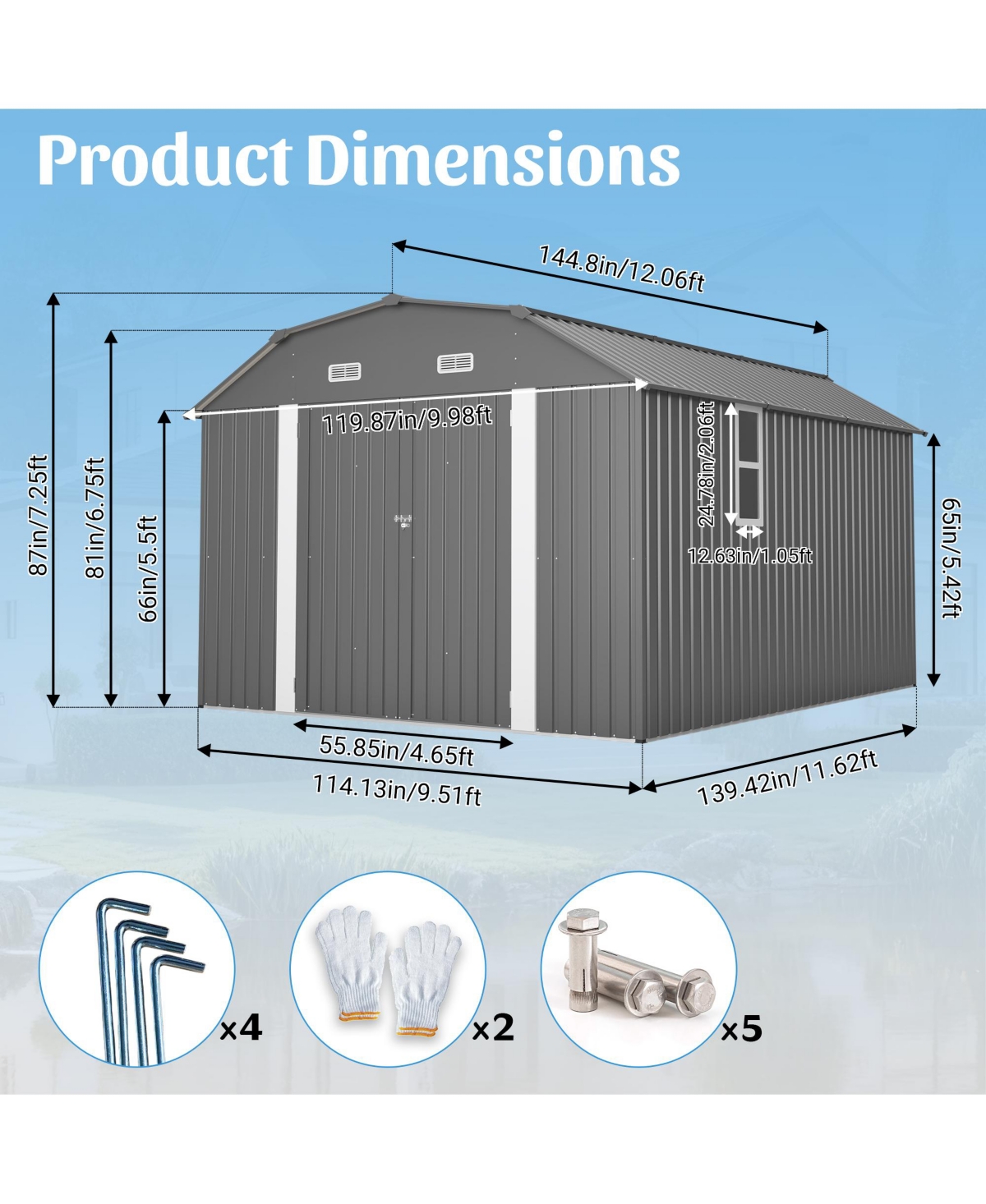Mondawe 10 x 12 ft Outdoor Steel Storage Shed with Floor Frame Kit and Lockable Doors