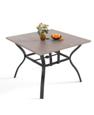 37.8in Square Wood Grain Patio Table with Umbrella Hole, 500LB Heavy Duty Metal Frame Dining Table